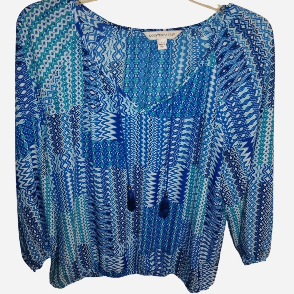 Counterparts Blue Ikat Patchwork Blouse - Size Large - Tassel V-Neck & Smocked H